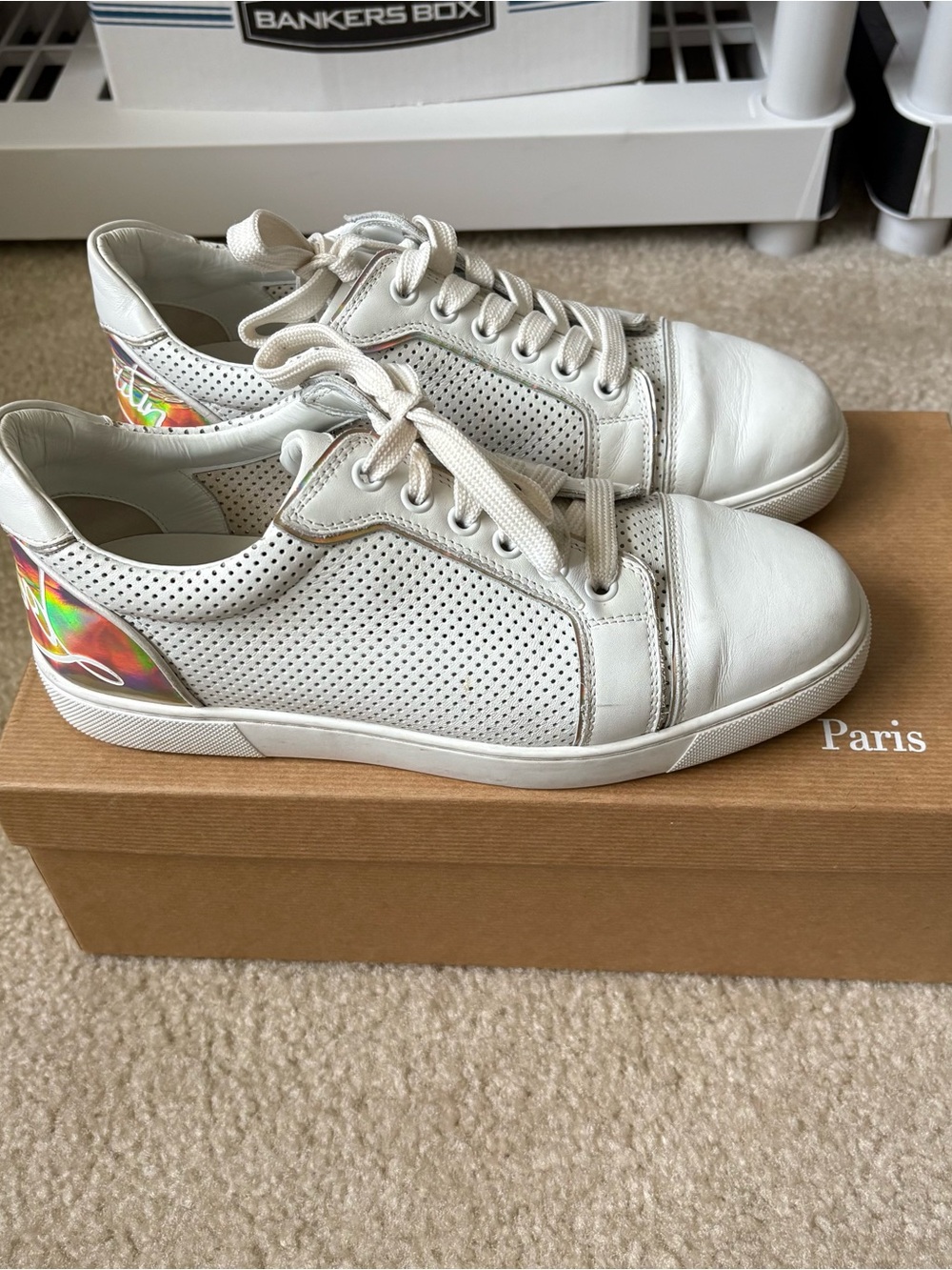 Christian Louboutin Fun Viara Flat Sneakers Bianco Holographic Logo Womens 38.5 - Picture 3 of 15